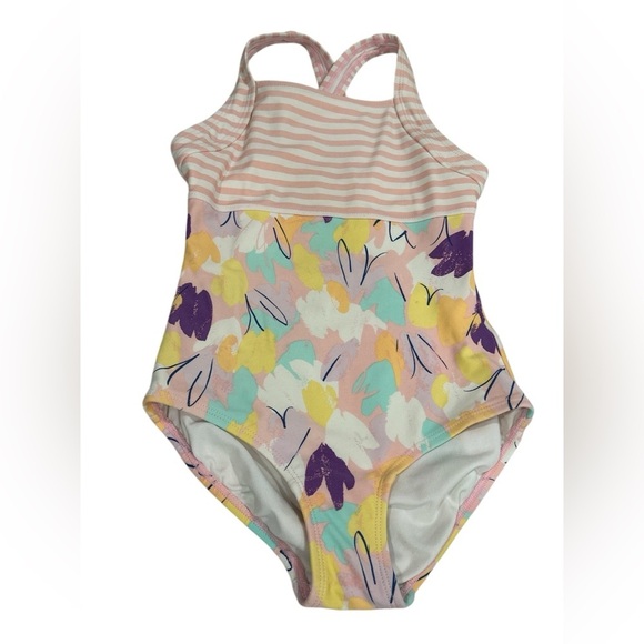 Hanna Andersson Girls One Piece Floral Striped Crossback Strap Swimsuit - 110/5 - Picture 1 of 7